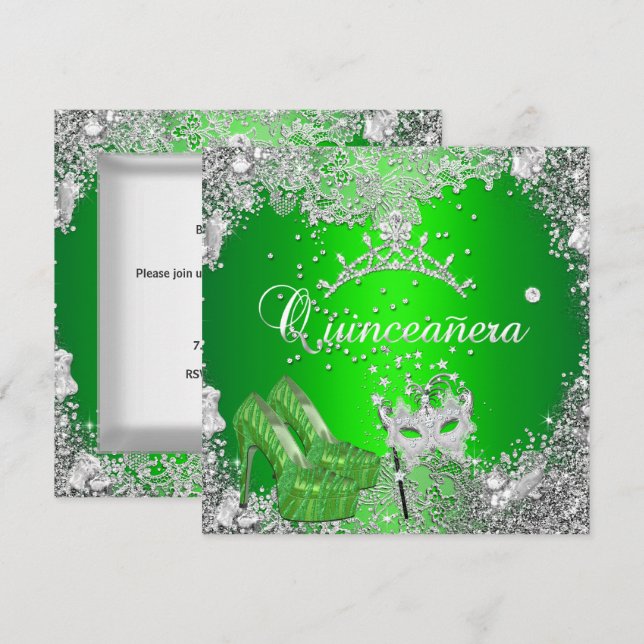 Quinceanera 15-årsdag Lime Silver Mask Tiara Inbjudningar (Fram/baksida)