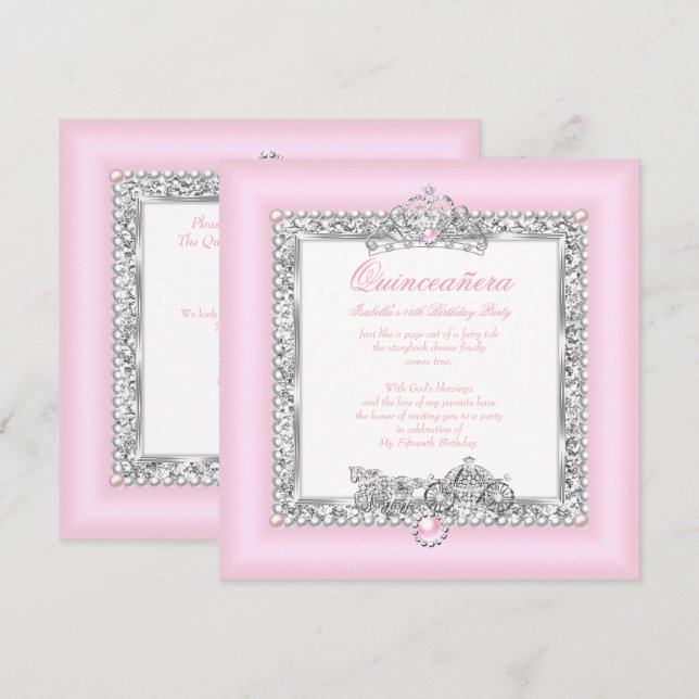 Quinceanera 15-årsdag Magisk Sagovärld Rosa Inbjudningar (Fram/baksida)