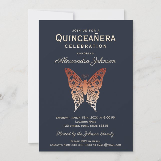 Quinceanera 15-årsdag Navy och Rose Gold Inbjudningar (Framsida)