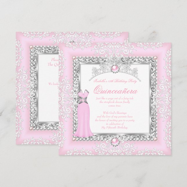Quinceanera 15-årsdag Pärl Ljusrosa Spets Inbjudningar (Fram/baksida)