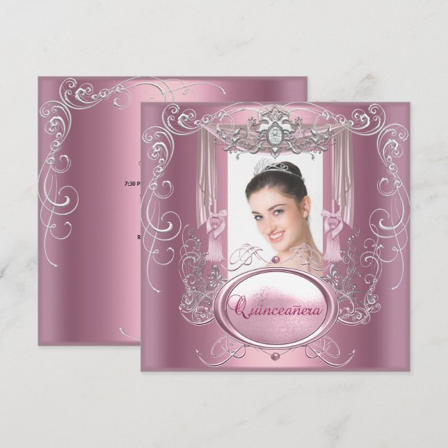 Quinceanera 15-årsdag Rosa Silverstjärna Inbjudningar (Fram/baksida)