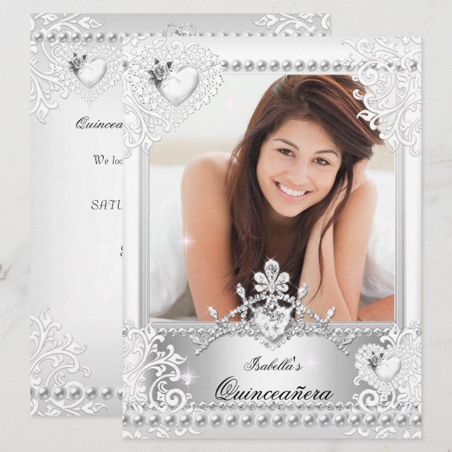 Quinceanera 15-årsdag Silver Vita Hjärtan 3 Inbjudningar (Fram/baksida)