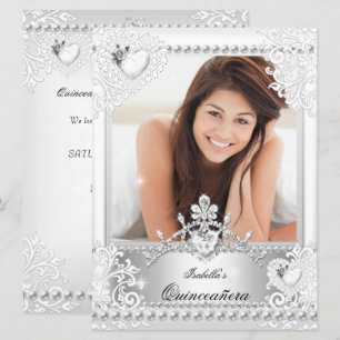 Quinceanera 15-årsdag Silver Vita Hjärtan 3 Inbjudningar
