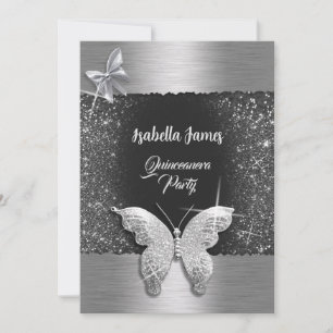 Quinceañera 15-årsdag svart silver-folie chic inbjudningar