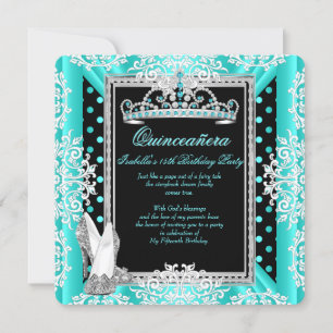 Quinceanera 15-årsdag Teal Blå Prickar Svart Inbjudningar