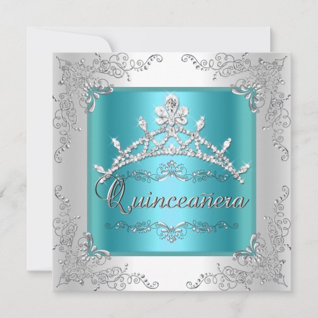 Quinceanera 15-årsdag Teal Blå Silver Tiara Inbjudningar (Framsida)