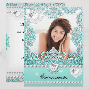 Quinceanera 15-årsdag Teal Blå Silver Vit Inbjudningar
