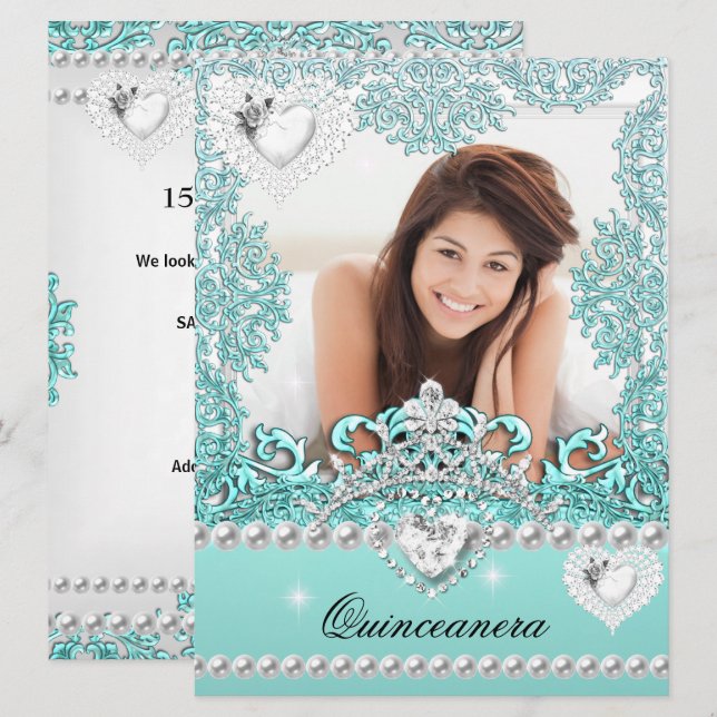 Quinceanera 15-årsdag Teal Blå Silver Vit Inbjudningar (Fram/baksida)