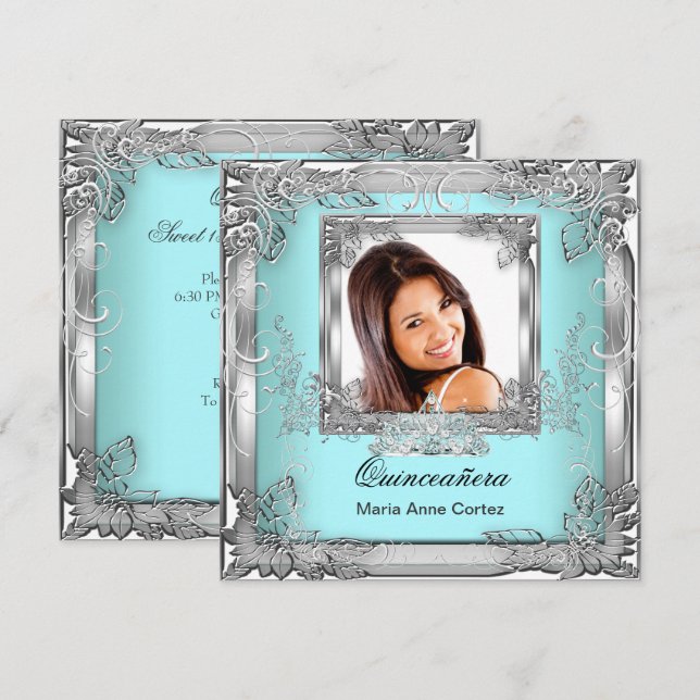 Quinceañera 15-årsdag Teal Vit Silver Tiara Inbjudningar (Fram/baksida)