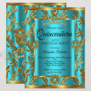 Quinceanera 15-årsdag Tealblå Tiara Guld 2 Inbjudningar