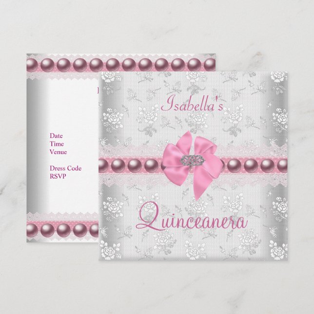 Quinceanera 15-årsdag Vacker spets Rosa slinga Inbjudningar (Fram/baksida)