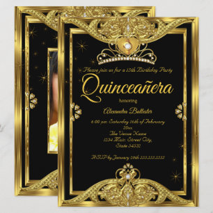 Quinceanera 15-årsfest Foto Guld Svart Inbjudningar