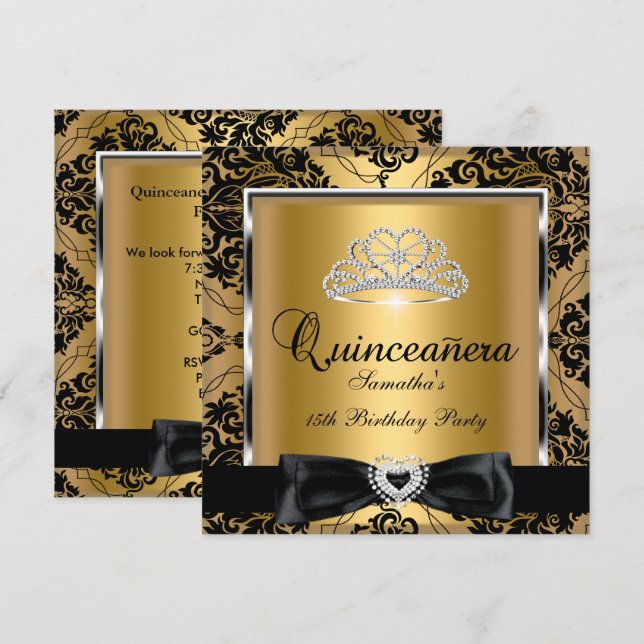 Quinceanera 15-årsfest Guld Damast Silver Svart Inbjudningar (Fram/baksida)