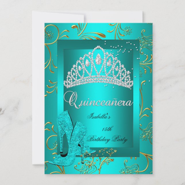 Quinceañera 15-årsfest Guld Teal Glitter Utseende Inbjudningar (Framsida)