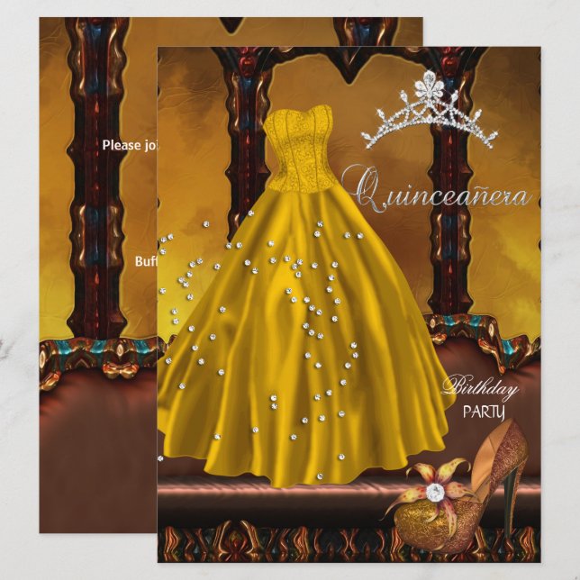 Quinceanera 15-årsfest Guldklänning Inbjudningar (Fram/baksida)