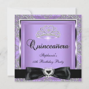 Quinceanera 15-årsfest Lila Damast Silver Svart Inbjudningar