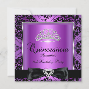 Quinceanera 15-årsfest Lila Damast Silver Svart Inbjudningar