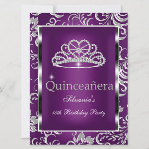 Quinceanera 15-årsfest Lila Plommon Damast Silver Inbjudningar