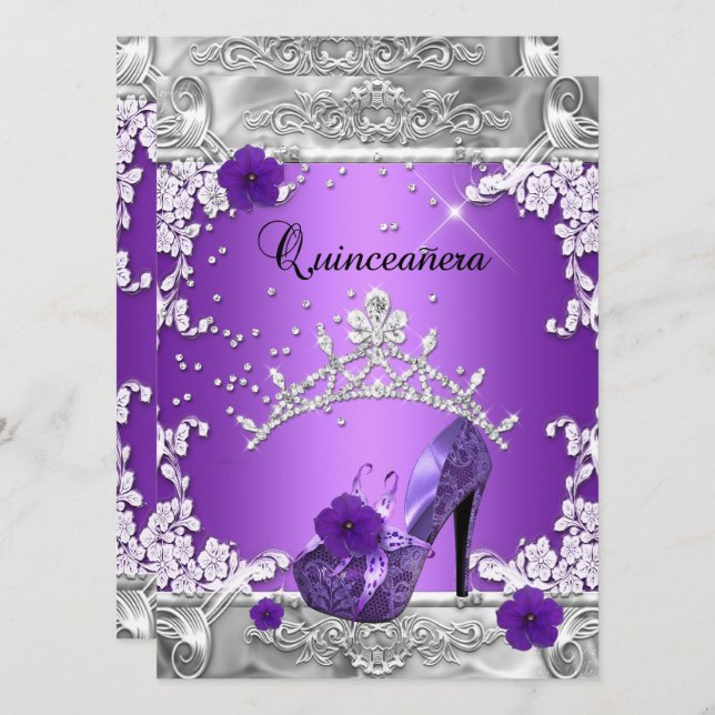 Quinceanera 15-årsfest lila silver inbjudningar (Fram/baksida)