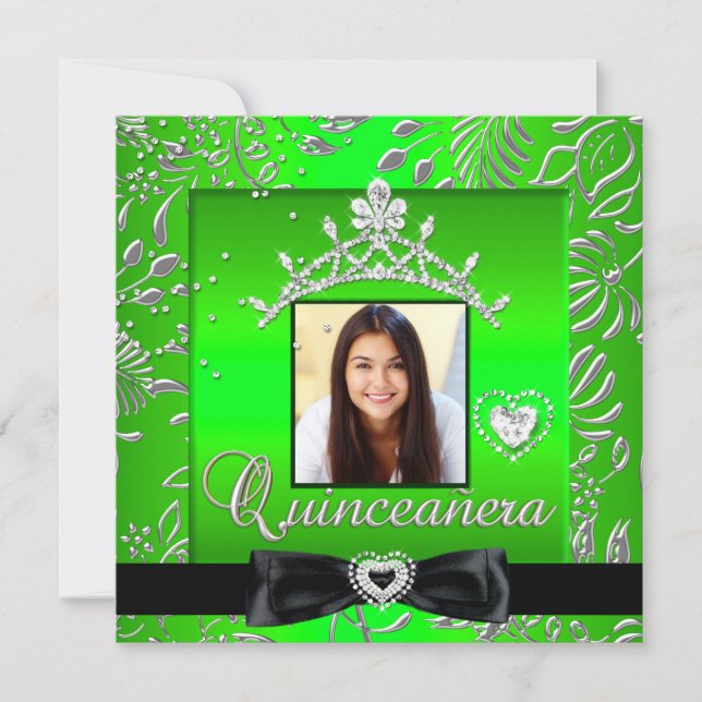 Quinceanera 15-årsfest Limegrön Silver Damask Inbjudningar (Framsida)