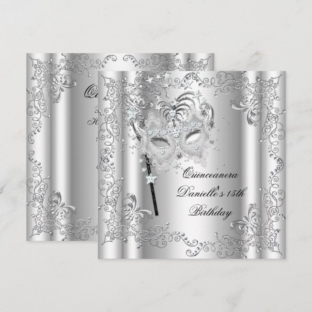 Quinceanera 15-årsfest Maskerad Silver Inbjudningar (Fram/baksida)