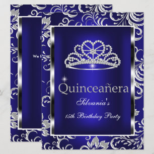 Quinceanera 15-årsfest Mörkblå Damast Silver Inbjudningar