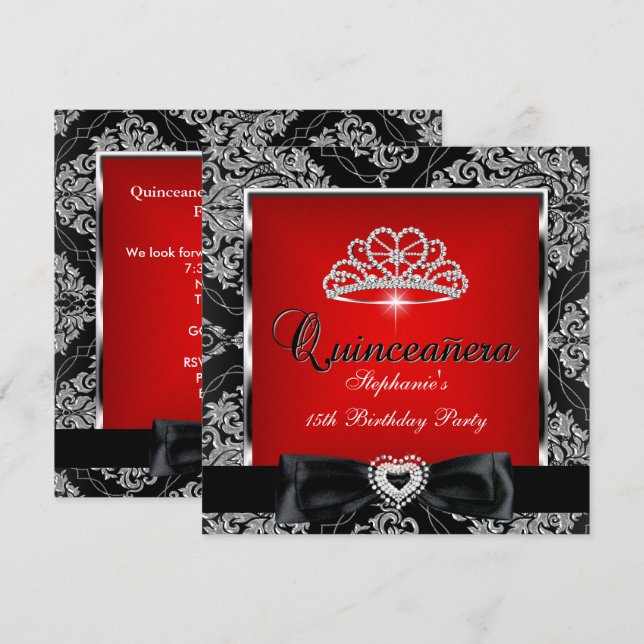 Quinceanera 15-årsfest Röd Damast Silver Svart Inbjudningar (Fram/baksida)