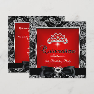 Quinceanera 15-årsfest Röd Damast Silver Svart Inbjudningar