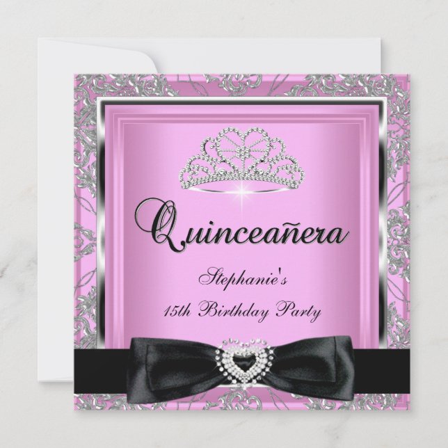 Quinceanera 15-årsfest Rosa Damast Silver Svart Inbjudningar (Framsida)