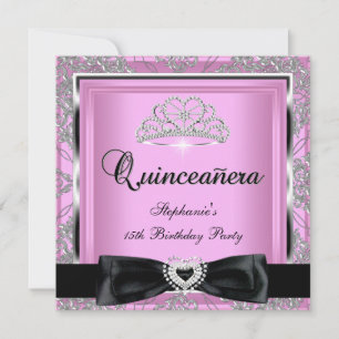 Quinceanera 15-årsfest Rosa Damast Silver Svart Inbjudningar