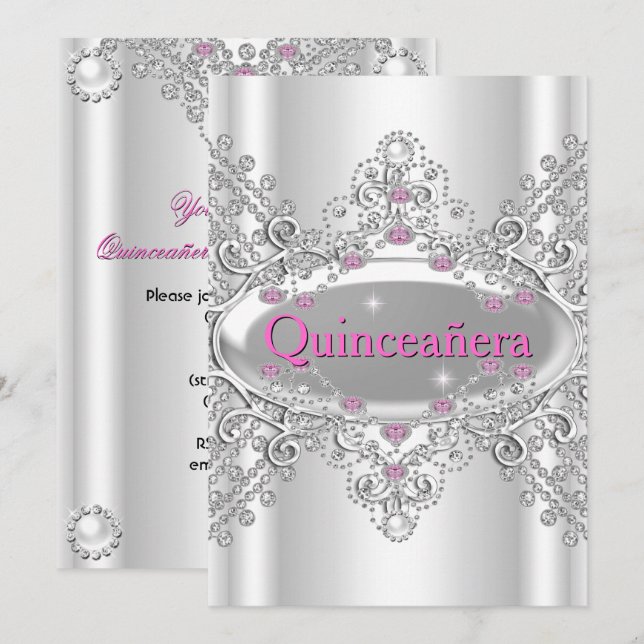 Quinceañera 15-årsfest Rosa diamanter Inbjudningar (Fram/baksida)