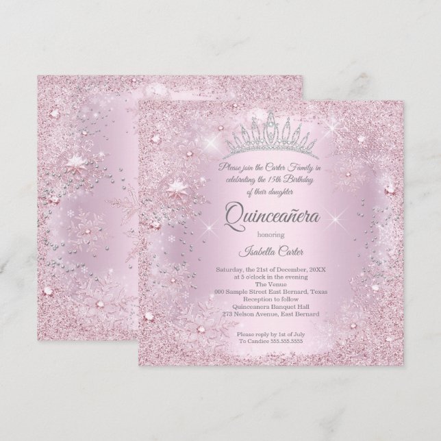 Quinceanera 15-årsfest Rosé snöflinga Vinter Inbjudningar (Fram/baksida)