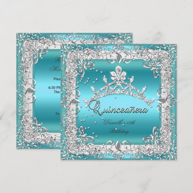 Quinceanera 15-årsfest Silver Teal Inbjudningar (Fram/baksida)