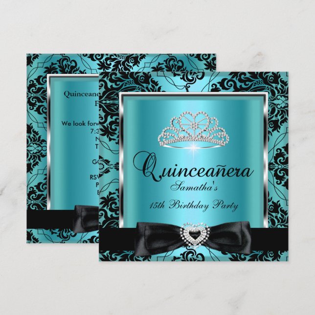 Quinceanera 15-årsfest Teal Damask Silver Svart Inbjudningar (Fram/baksida)