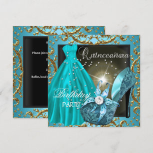 quinceanera 15-årsfest Teal klänning Kjol Inbjudningar