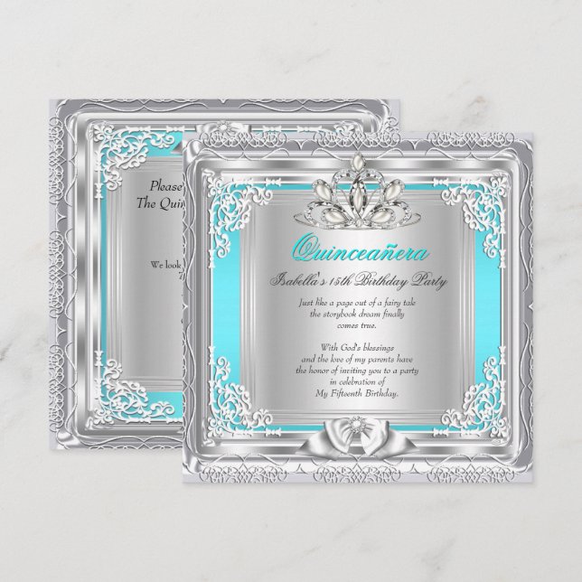 Quinceanera 15-årsfest Teal Silver Inbjudningar (Fram/baksida)