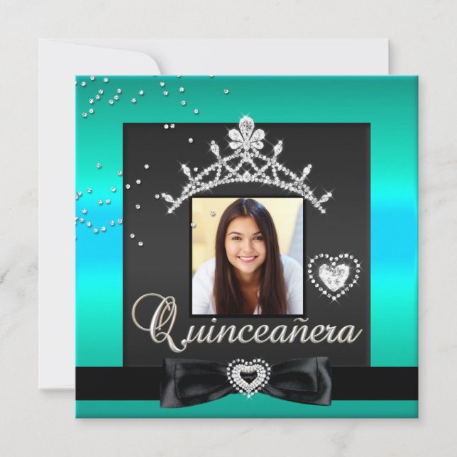 Quinceanera 15-årsfest Teal Silver Svart Inbjudningar (Framsida)