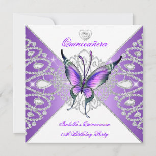 Quinceanera 15-årsfirande Fjäril Lila Tiara 2 Inbjudningar