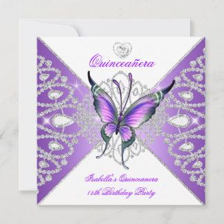 Quinceanera 15-årsfirande Fjäril Lila Tiara 2 Inbjudningar