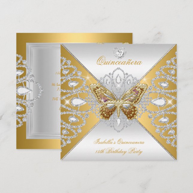 Quinceanera 15-årsfirande Guld Silver Fjäril Tiara Inbjudningar (Fram/baksida)