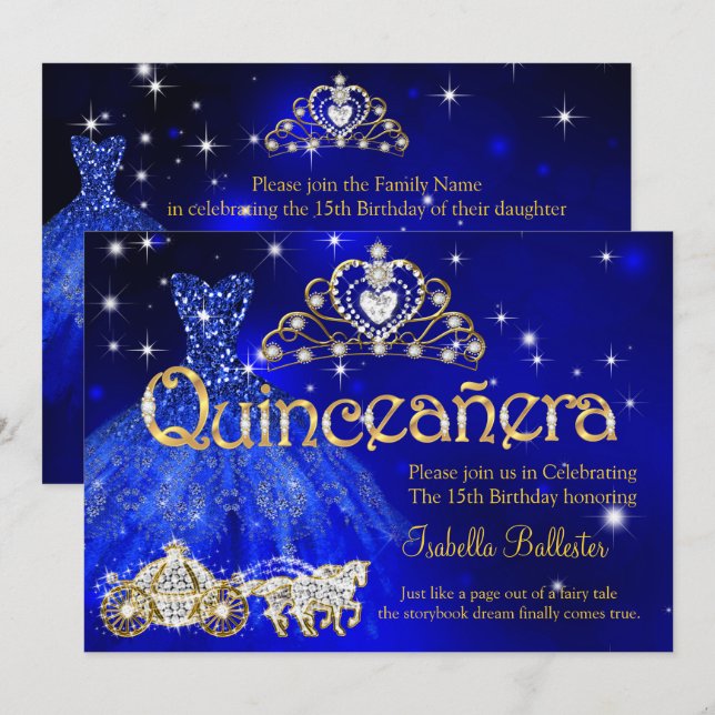 Quinceanera 15 Birthday Blue Dress Tiara Carriage Inbjudningar (Fram/baksida)