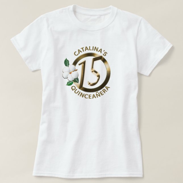 Quinceanera 15 Birthday Guld Faux Metallic Blommig T Shirt (Design framsida)