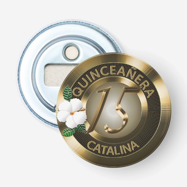 Quinceanera 15 Birthday Guld Faux Metallic Flasköppnare (Framsidan)