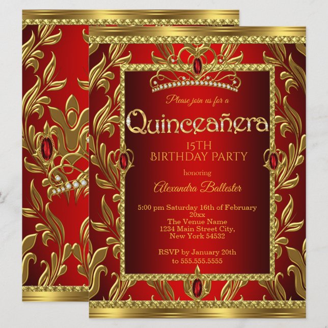 Quinceanera 15 Birthday Red Ruby Jewel Tiara Guld Inbjudningar (Fram/baksida)