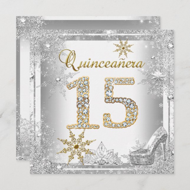 Quinceanera 15 Birthday Silver White Guld Elite Inbjudningar (Fram/baksida)