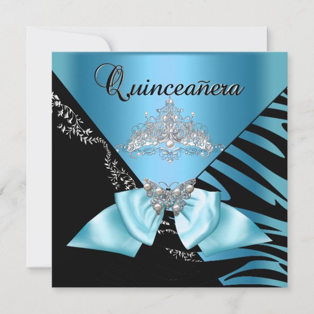 Quinceanera 15 Birthday Zebra Blue Black Tiara Inbjudningar (Framsida)