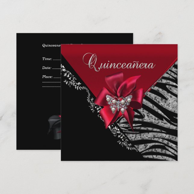 Quinceanera 15 Birthday Zebra Red Black Silver Inbjudningar (Fram/baksida)