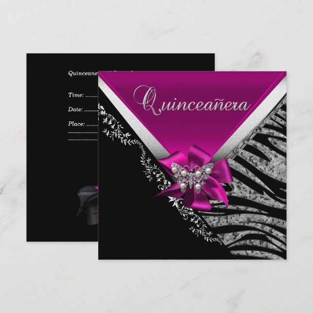 Quinceanera 15 Birthday Zebra Rosa Black Silver Inbjudningar (Fram/baksida)