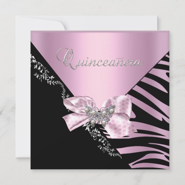 Quinceanera 15 Birthday Zebra Rosa Black Silver Inbjudningar (Framsida)