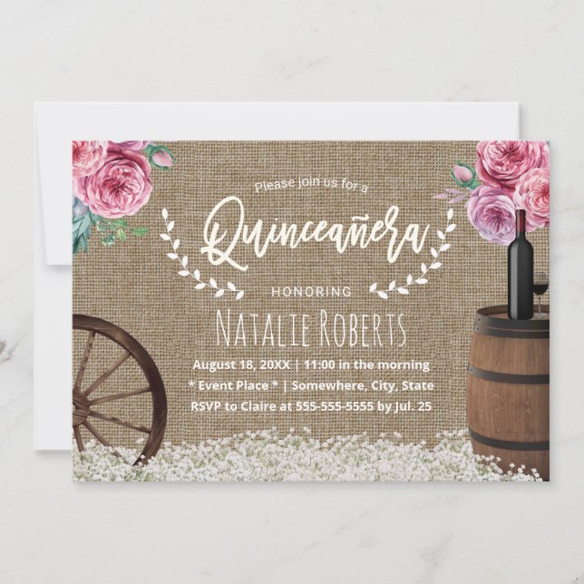 Quinceanera 15 Blommigten Rustic Burlap Vin Barrel Inbjudningar (Framsida)